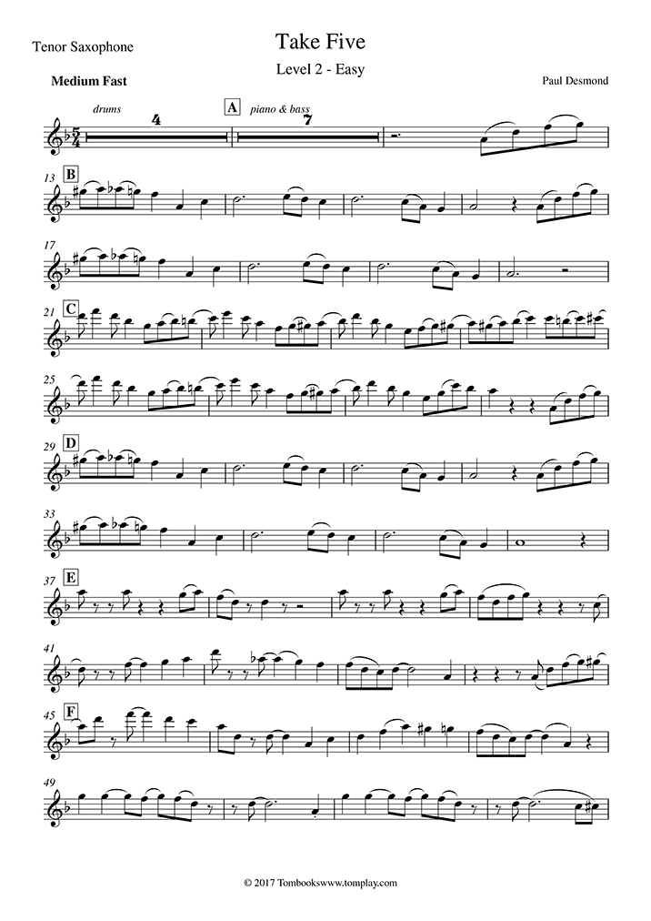 Saxophone Sheet Music Take Five (Easy Level, tenor Sax) (Brubeck)